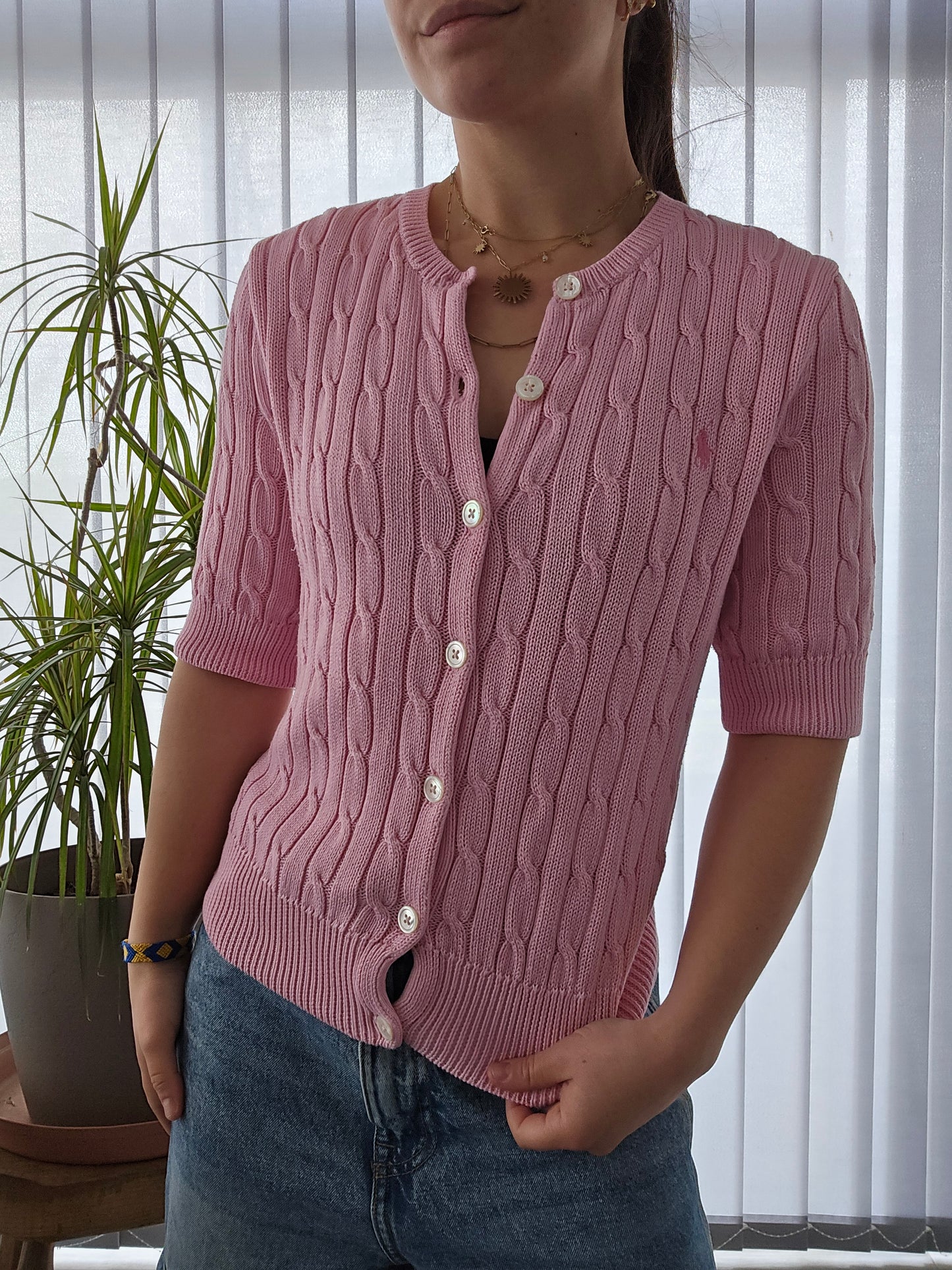 Cardigan en maille torsadée rose clair - M/38