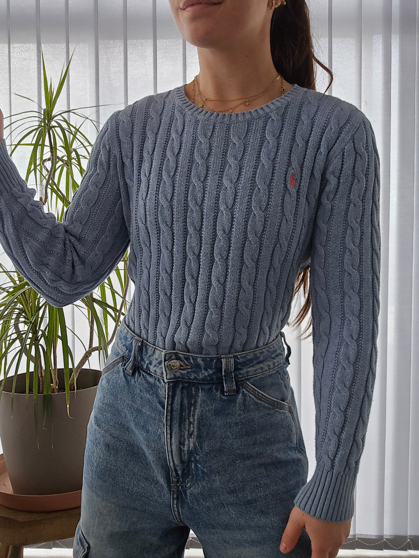 Pull en maille torsadée bleu - XS/34