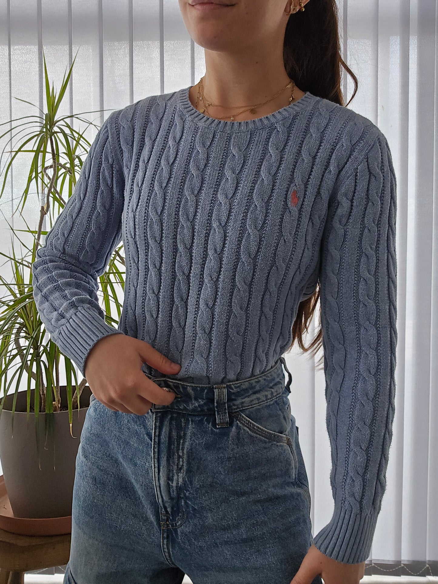 Pull en maille torsadée bleu - XS/34