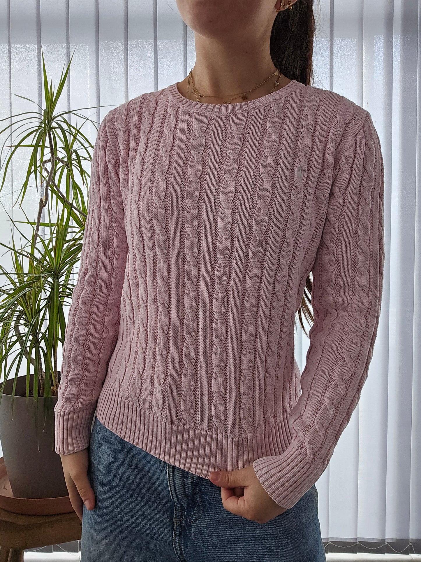 Pull en maille torsadée rose clair - XS/34