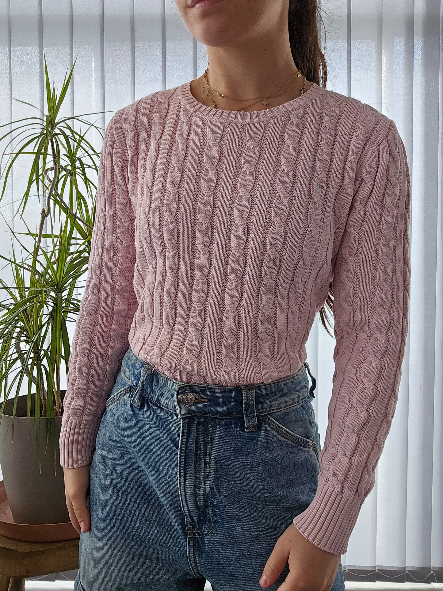 Pull en maille torsadée rose clair - XS/34