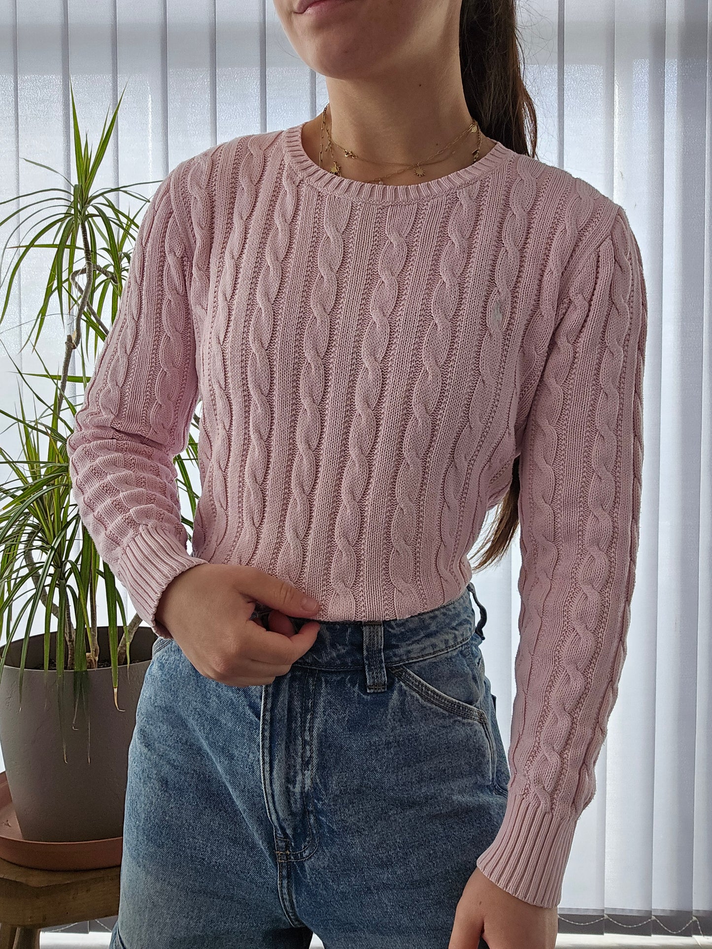 Pull en maille torsadée rose clair - XS/34