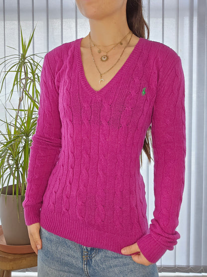 Pull col V en maille torsadée rose fushia - XS/34