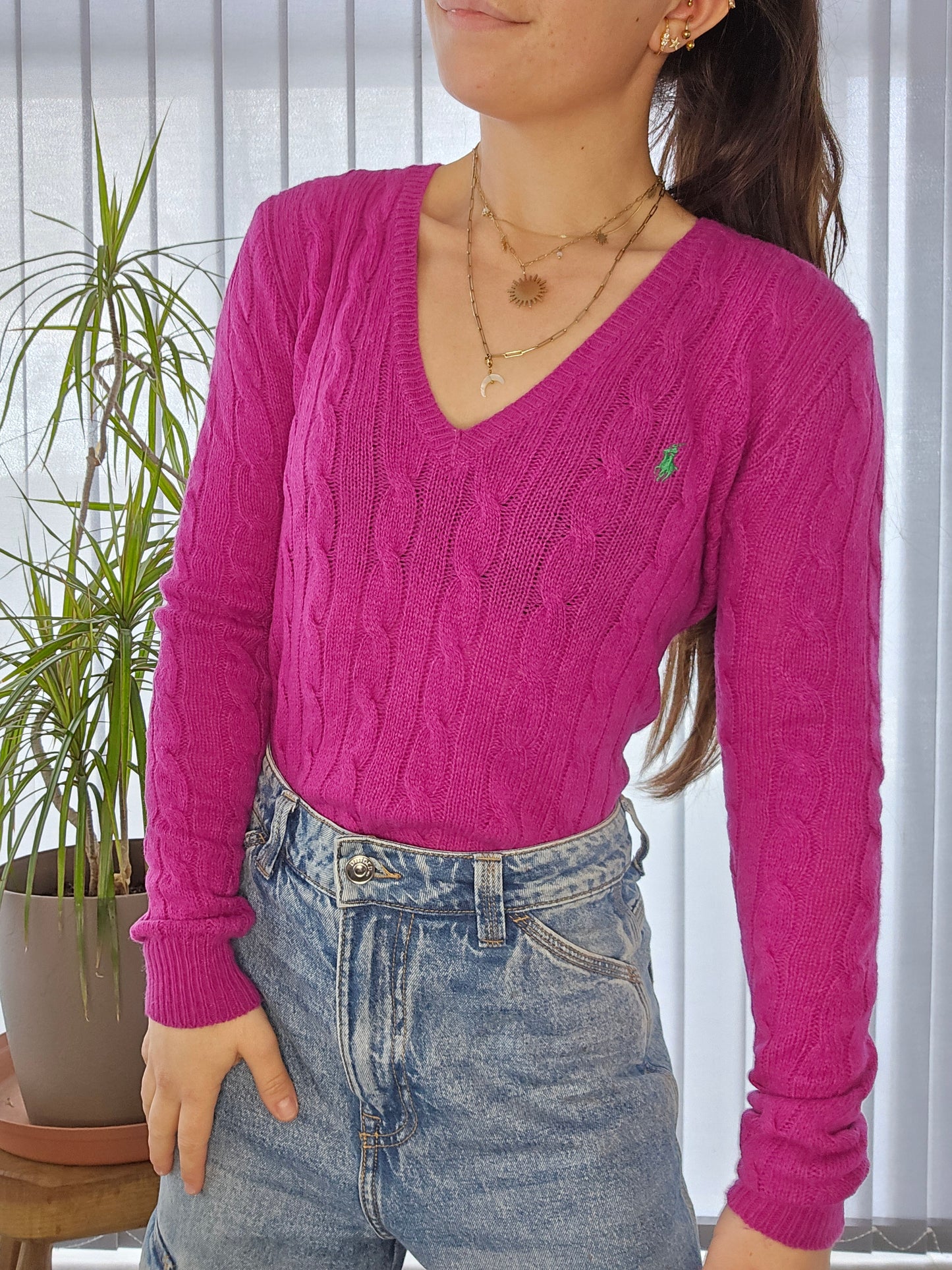 Pull col V en maille torsadée rose fushia - XS/34