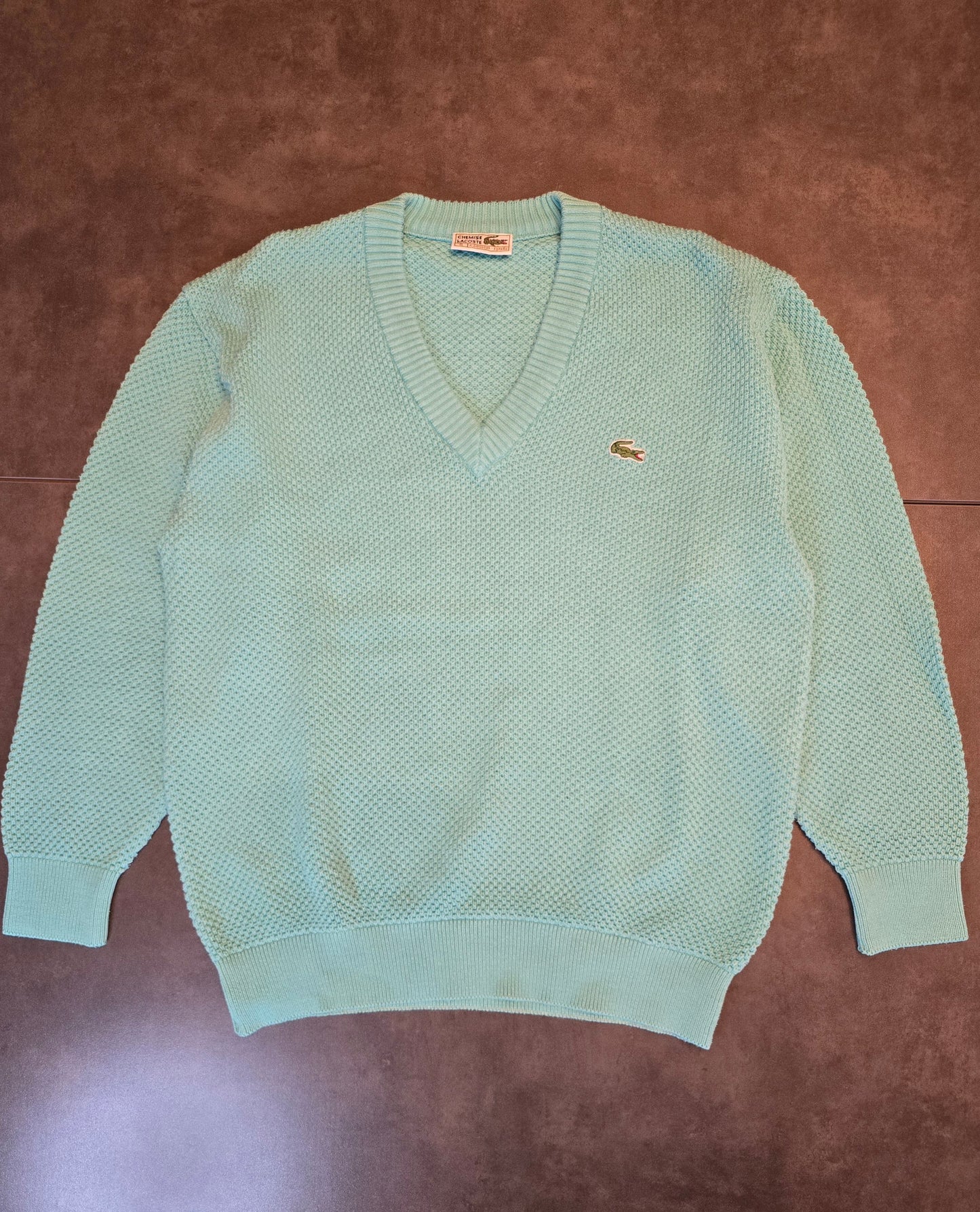 Pull col V en maille piquée turquoise des années 80' - M/L