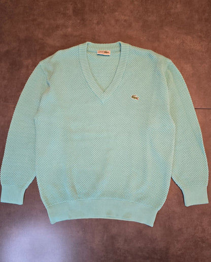 Pull col V en maille piquée turquoise des années 80' - M/L