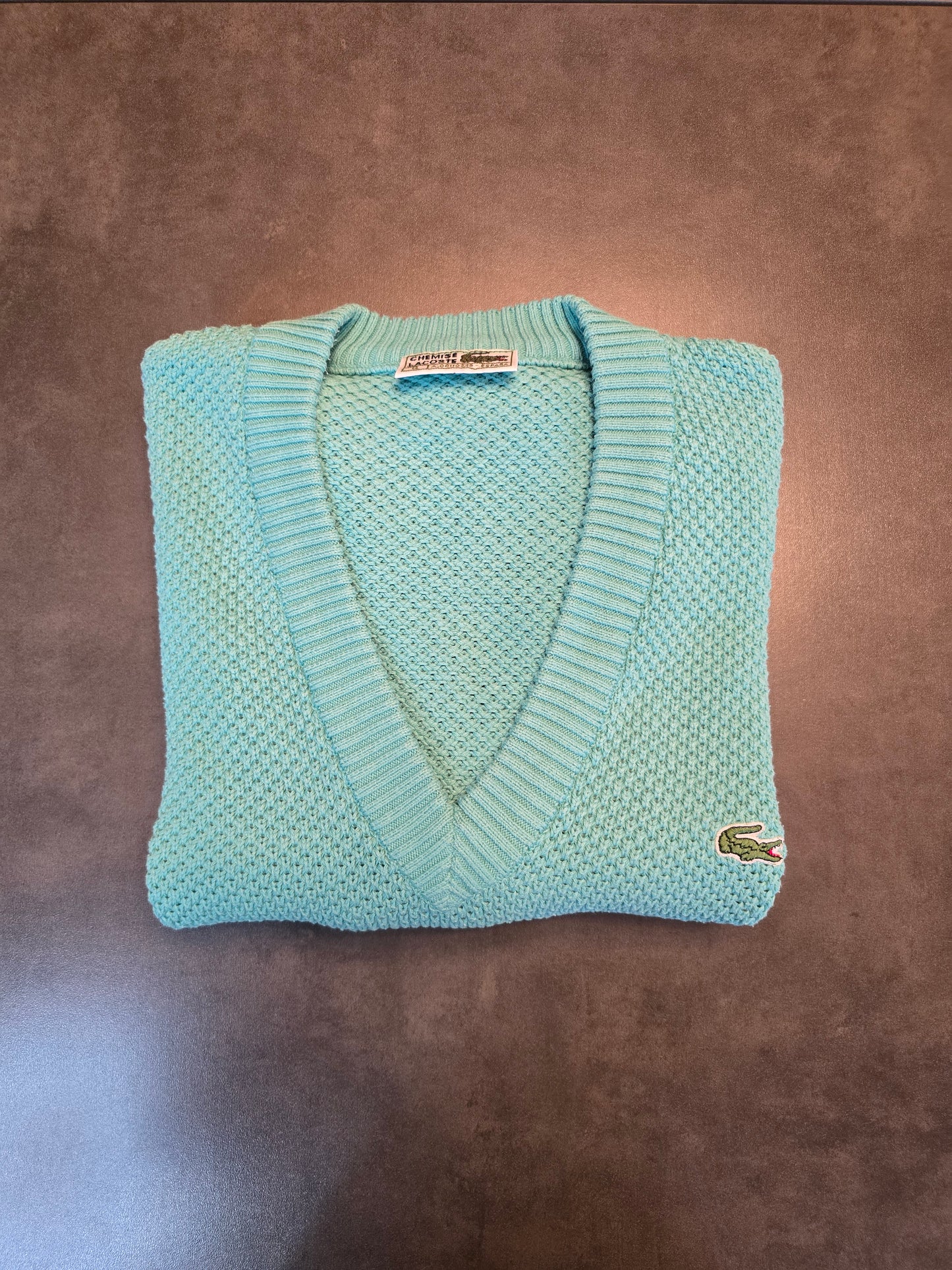 Pull col V en maille piquée turquoise des années 80' - M/L