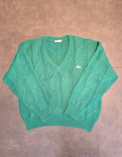 Pull col V vert en maille torsadée des années 80' - L oversize