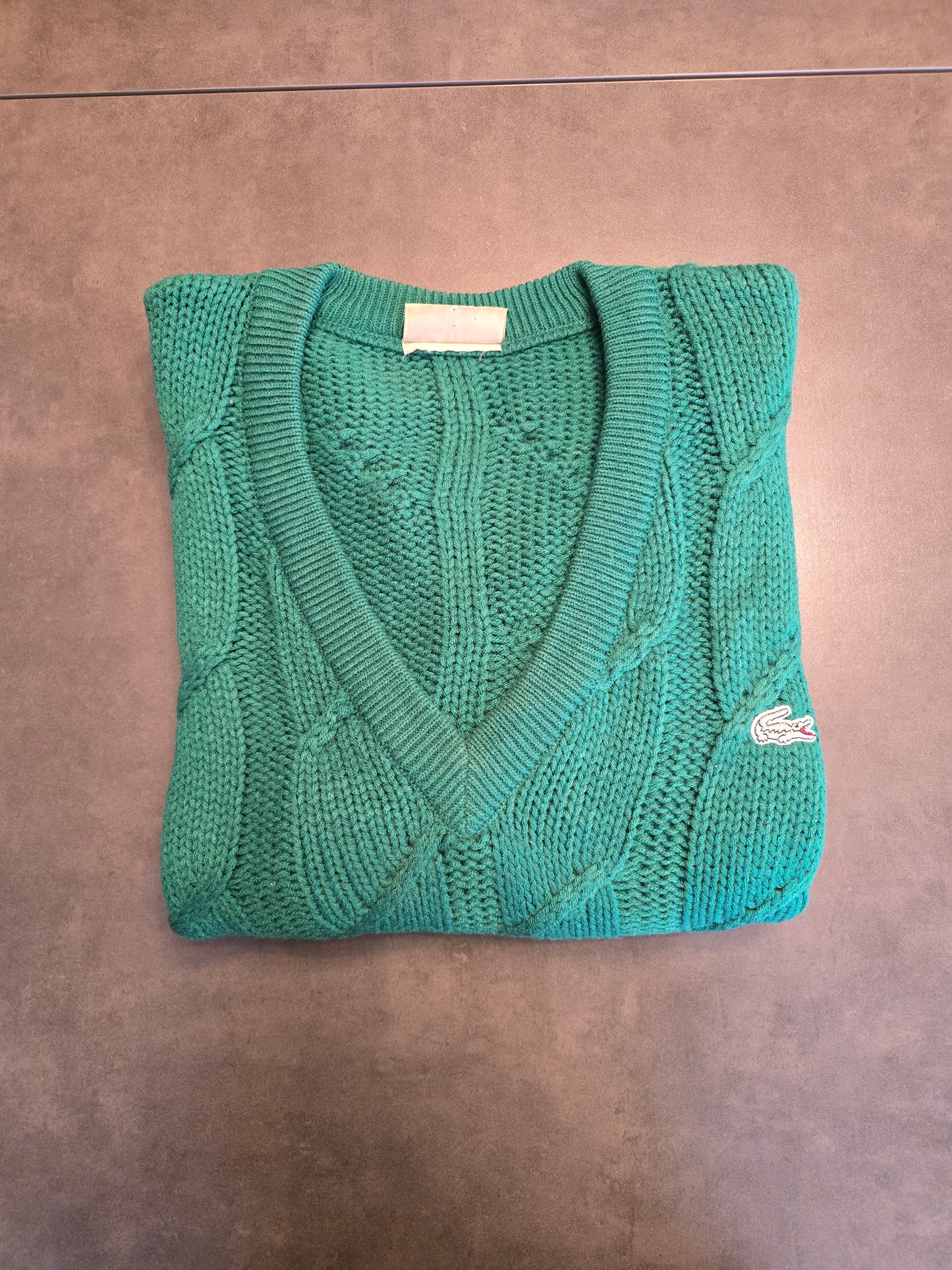 Pull col V vert en maille torsadée des années 80' - L oversize