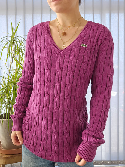 Pull col V en maille torsadée rose - XL/42