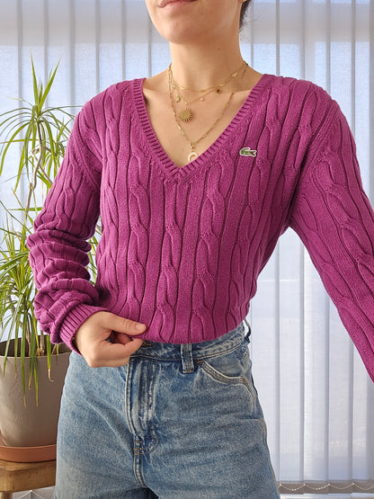 Pull col V en maille torsadée rose - XL/42