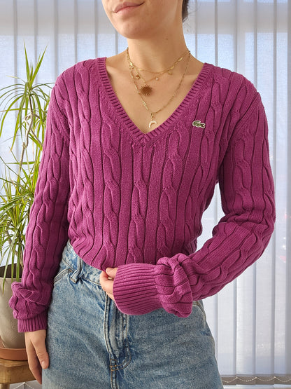 Pull col V en maille torsadée rose - XL/42