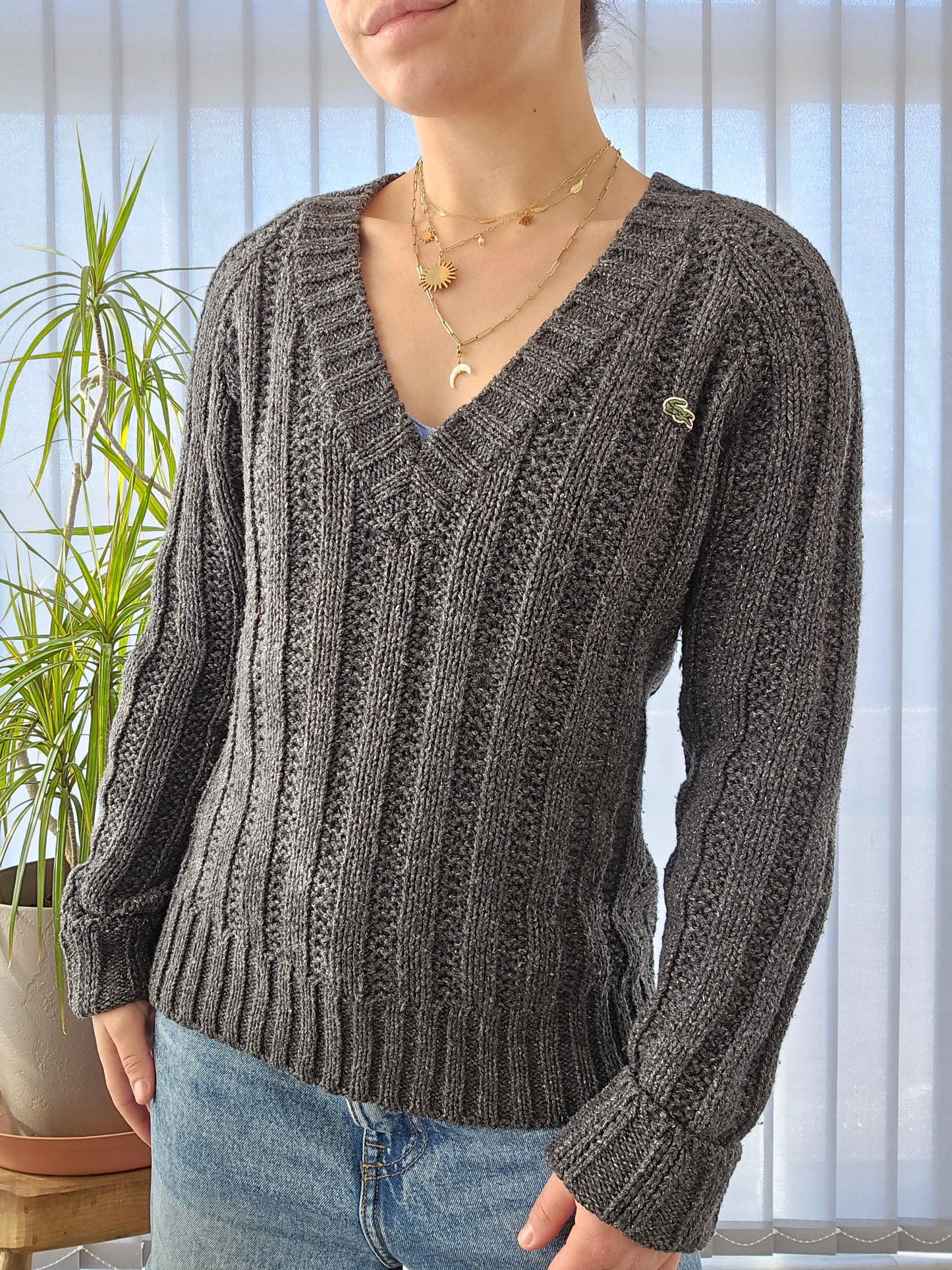 Pull col V en maille gris argenté - S/M