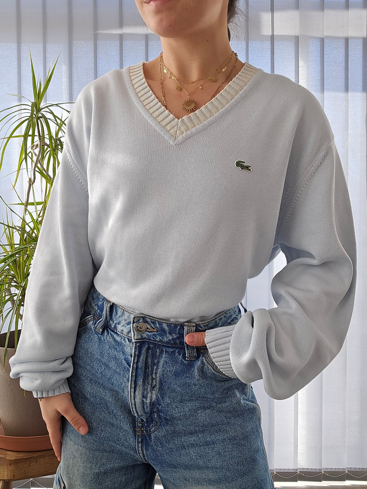 Pull col V bleu ciel des années 90' - XL/42