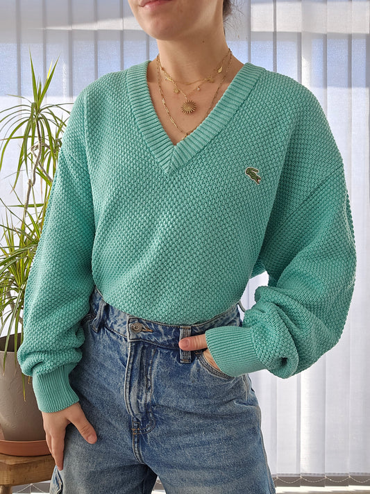 Pull col V en maille piquée turquoise des années 80' - M/L