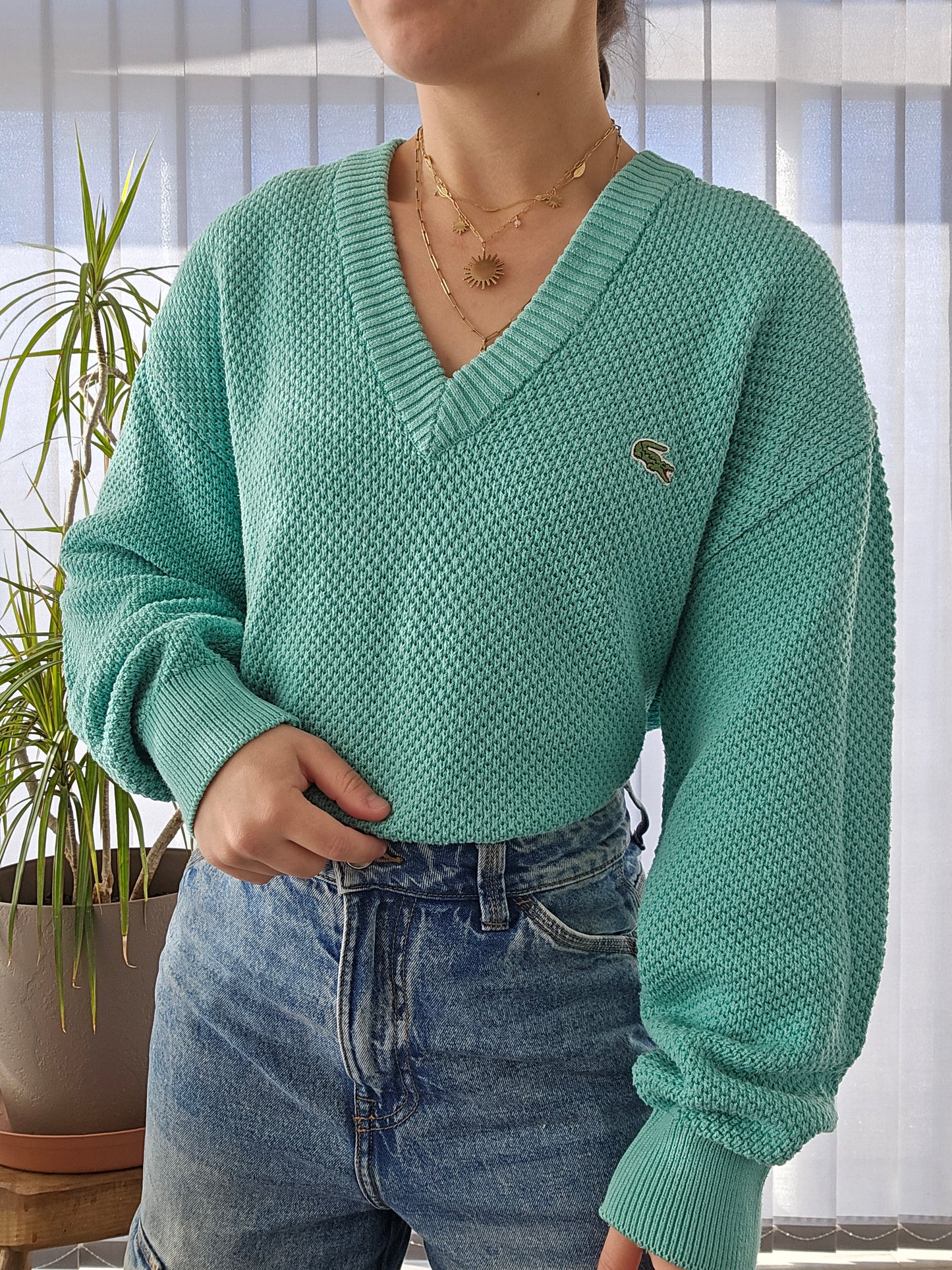 Pull col V en maille piquée turquoise des années 80' - M/L