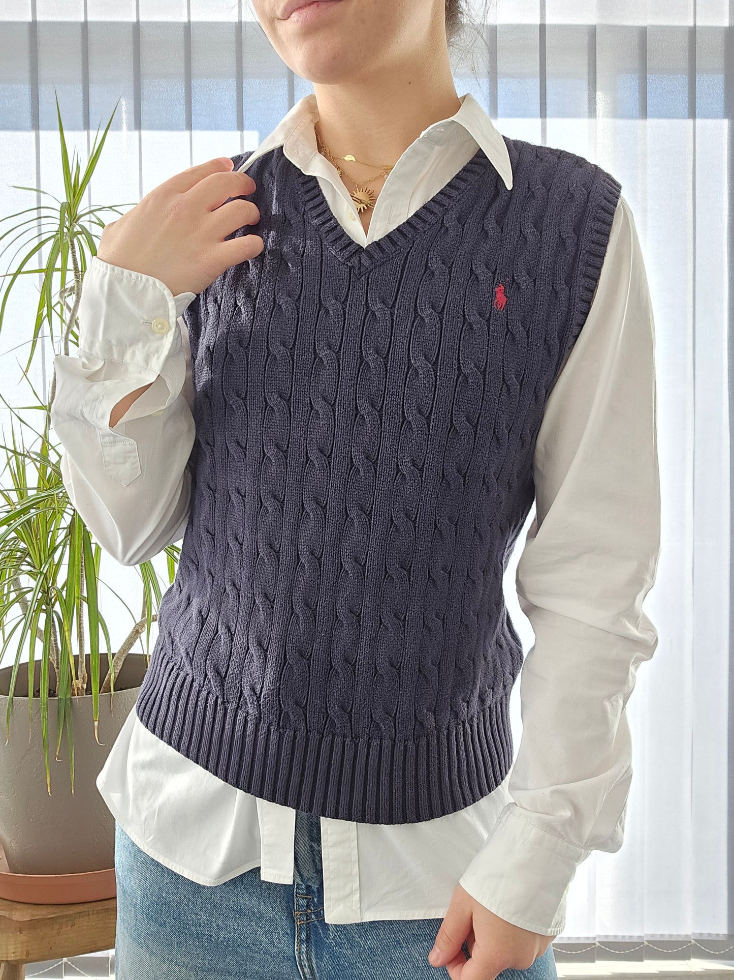 Pull sans manches en maille torsadée marine - XS/34