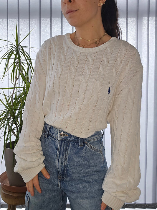 Pull en maille torsadée blanc - XL homme