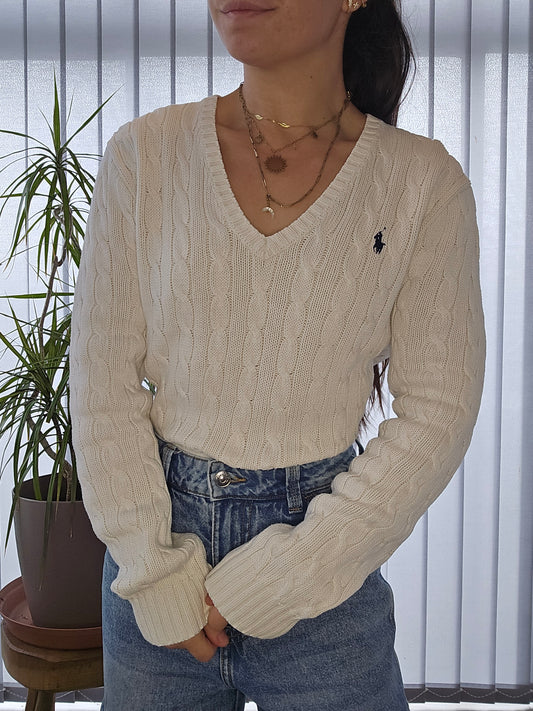 Pull col V en maille torsadée blanc - M/38