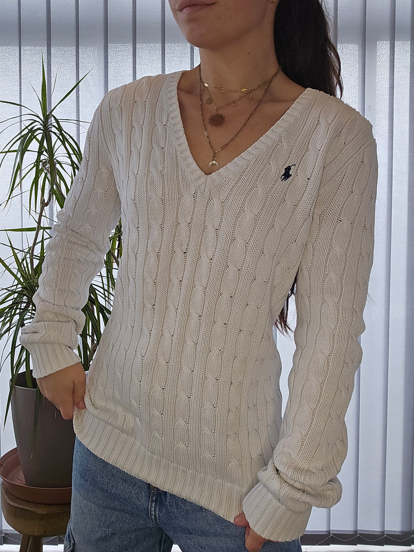 Pull col V en maille torsadée blanc - M/38