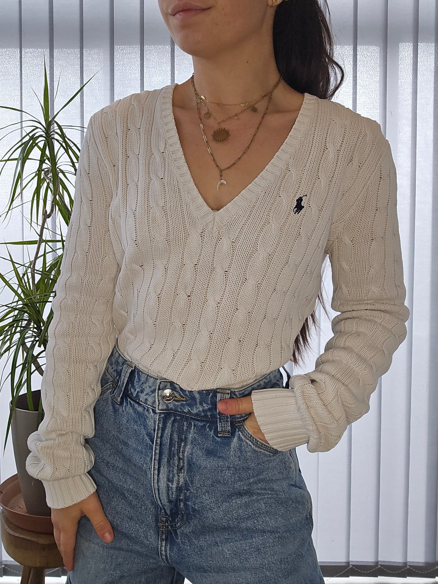 Pull col V en maille torsadée blanc - M/38