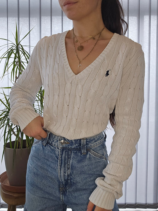 Pull col V en maille torsadée blanc - M/38