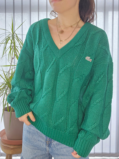 Pull col V vert en maille torsadée des années 80' - L oversize