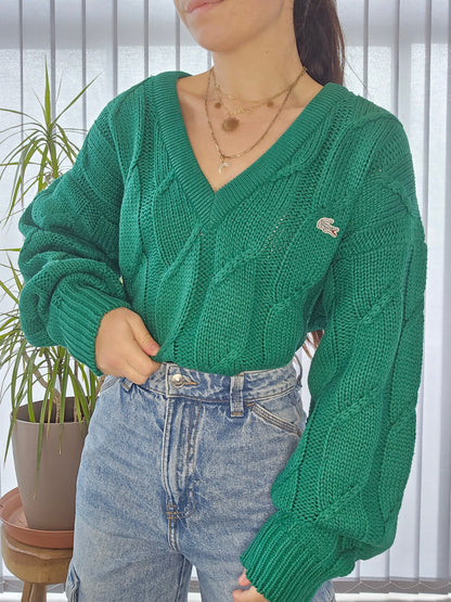 Pull col V vert en maille torsadée des années 80' - L oversize