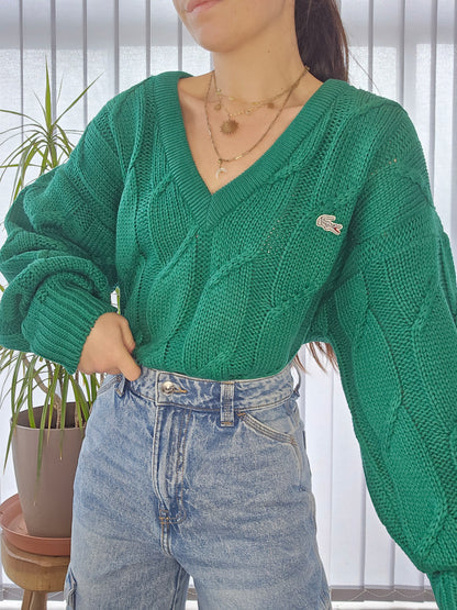 Pull col V vert en maille torsadée des années 80' - L oversize