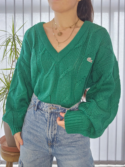 Pull col V vert en maille torsadée des années 80' - L oversize