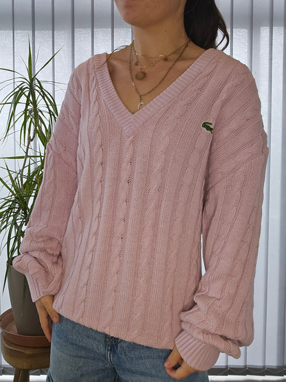 Pull col V en maille torsadée lila des années 80' - XL/42