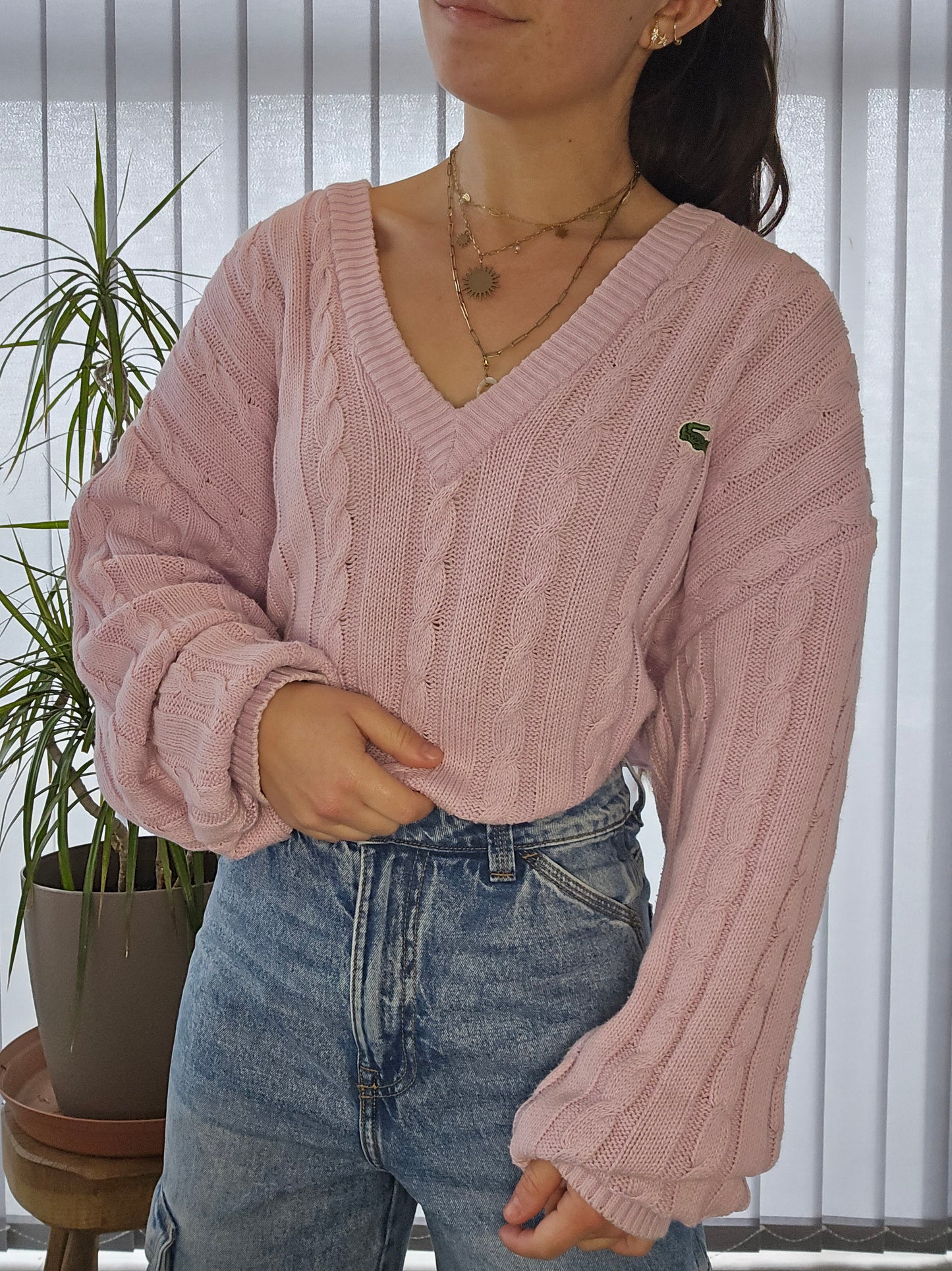 Pull col V en maille torsadée lila des années 80' - XL/42