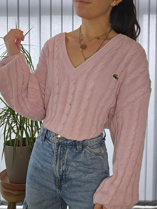 Pull col V en maille torsadée lila des années 80' - XL/42