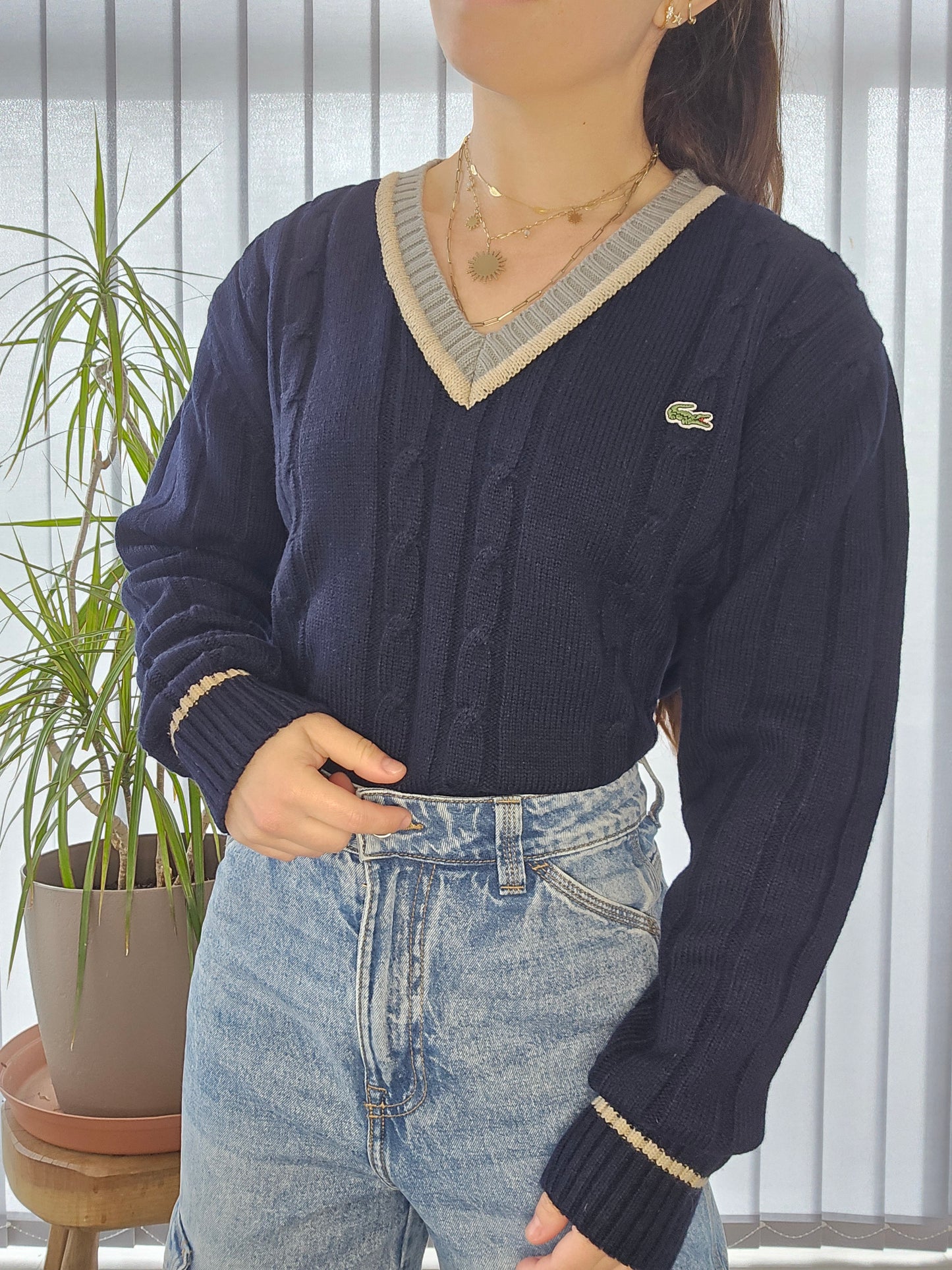 Pull col V torsadé marine des années 90' - S/M