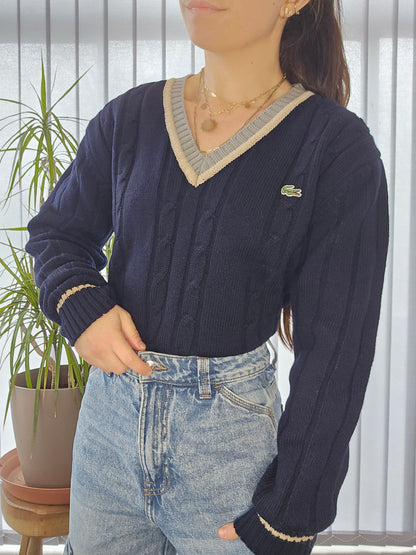 Pull col V torsadé marine des années 90' - S/M