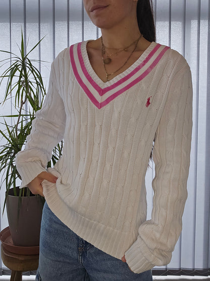 Pull col V en maille torsadée blanc - L/XL