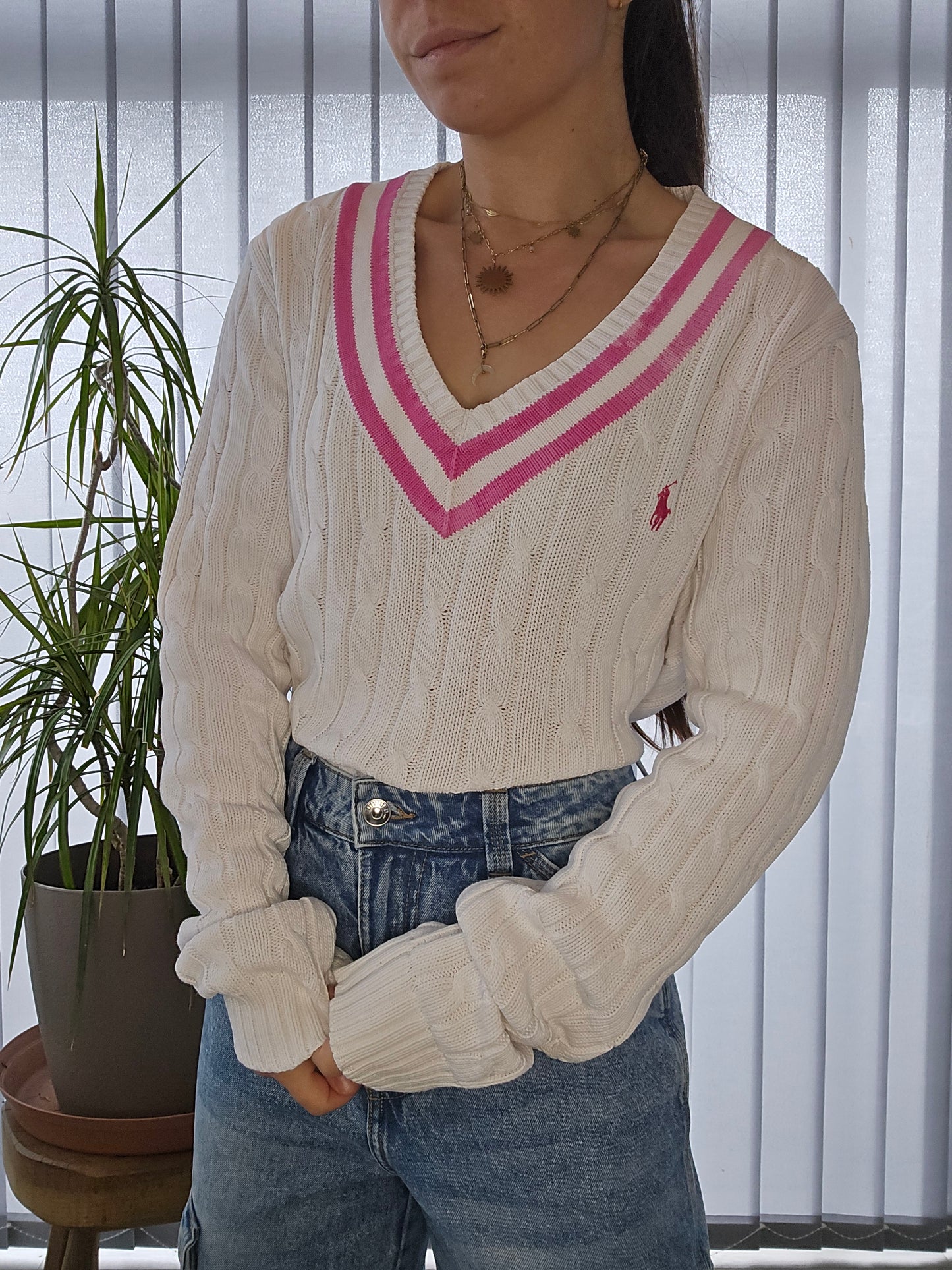 Pull col V en maille torsadée blanc - L/XL