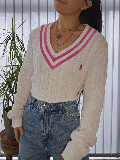 Pull col V en maille torsadée blanc - L/XL