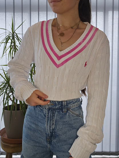 Pull col V en maille torsadée blanc - L/XL