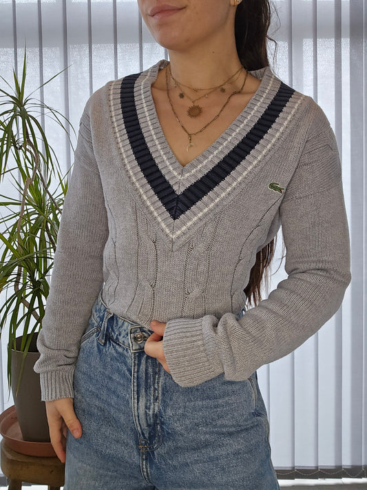 Pull col V en maille torsadée gris - S/36