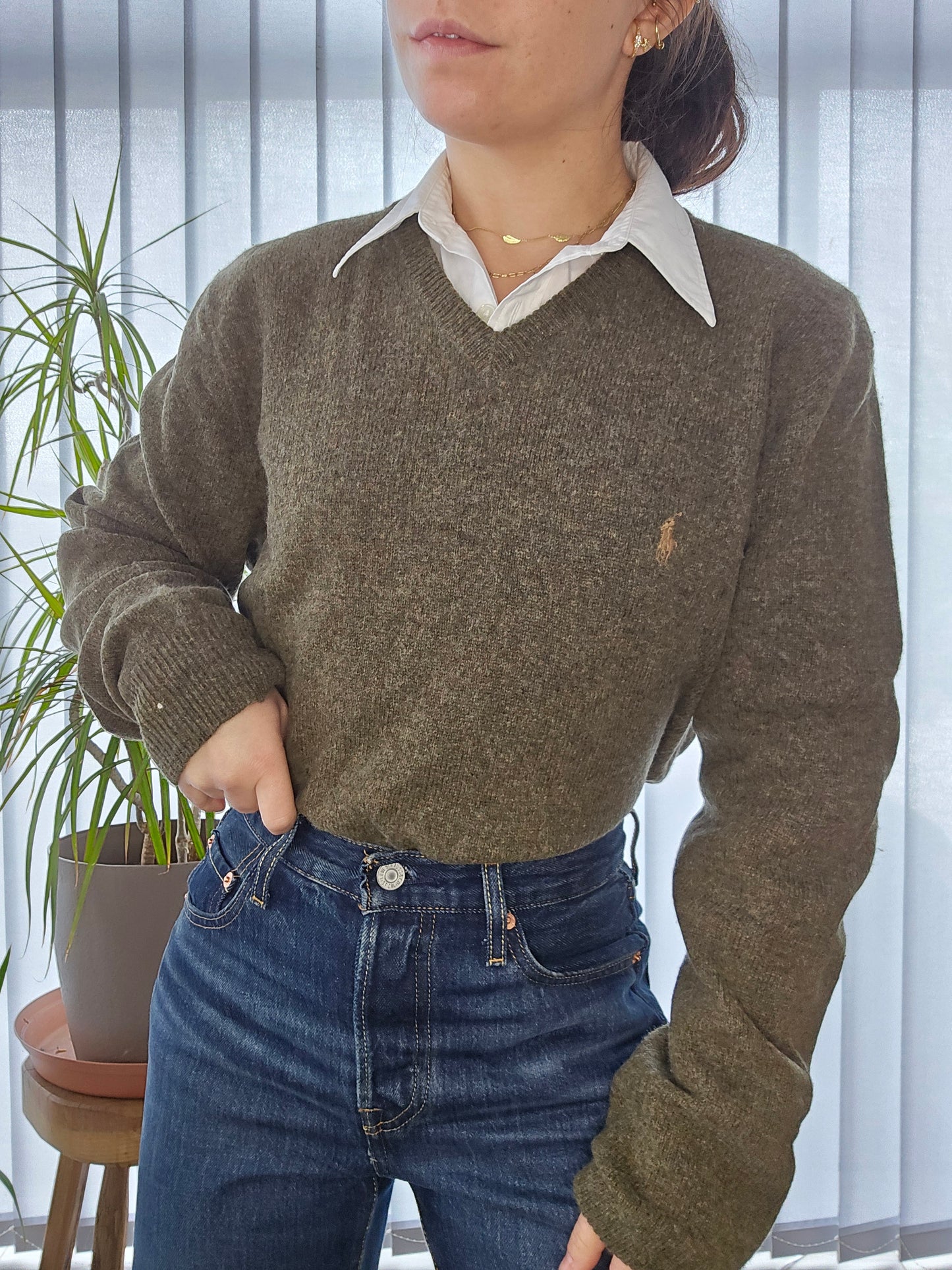 Pull col V en maille kaki - L/40