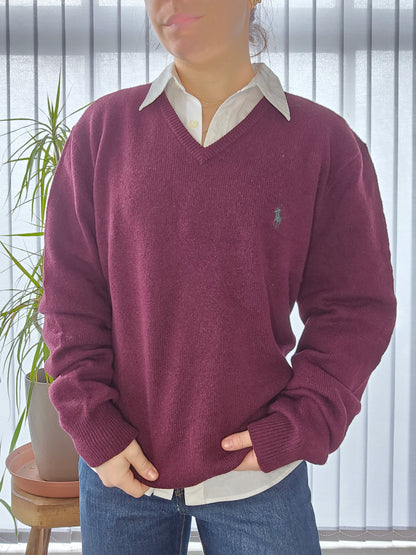 Pull col V en laine bordeaux - L/40