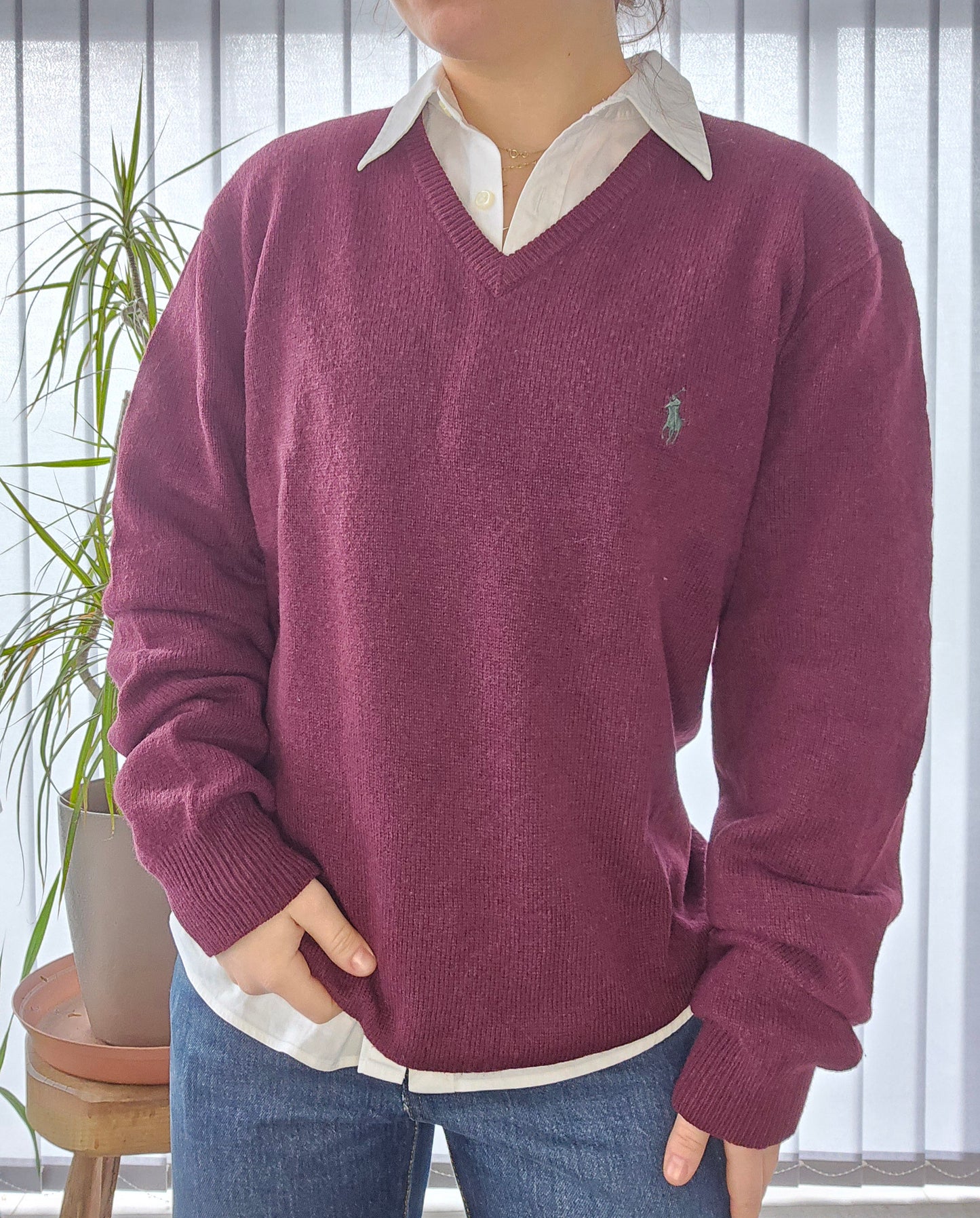 Pull col V en laine bordeaux - L/40