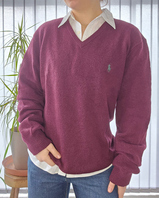 Pull col V en laine bordeaux - L/40
