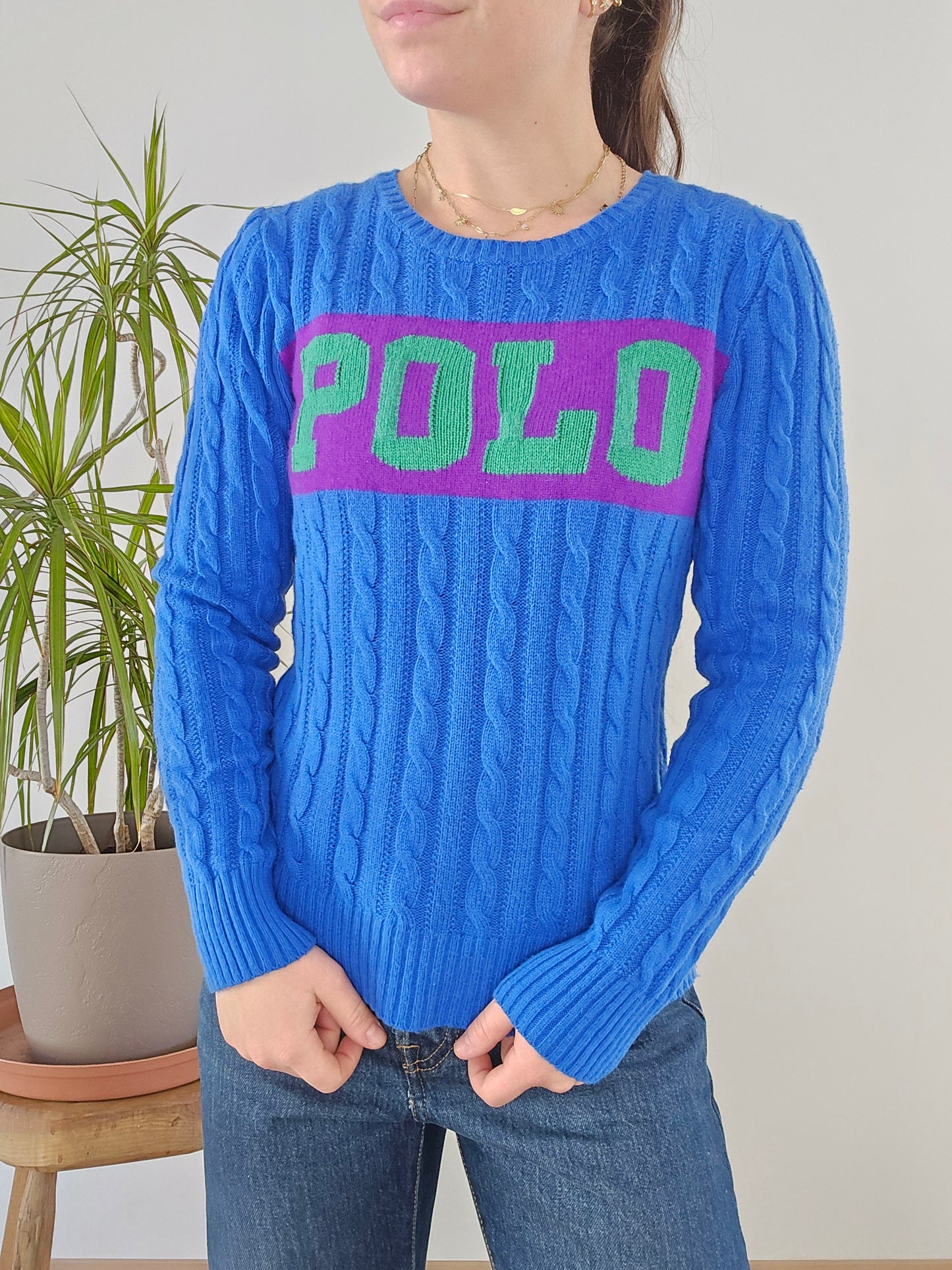 Pull en maille torsadée bleu "polo" - XS/34