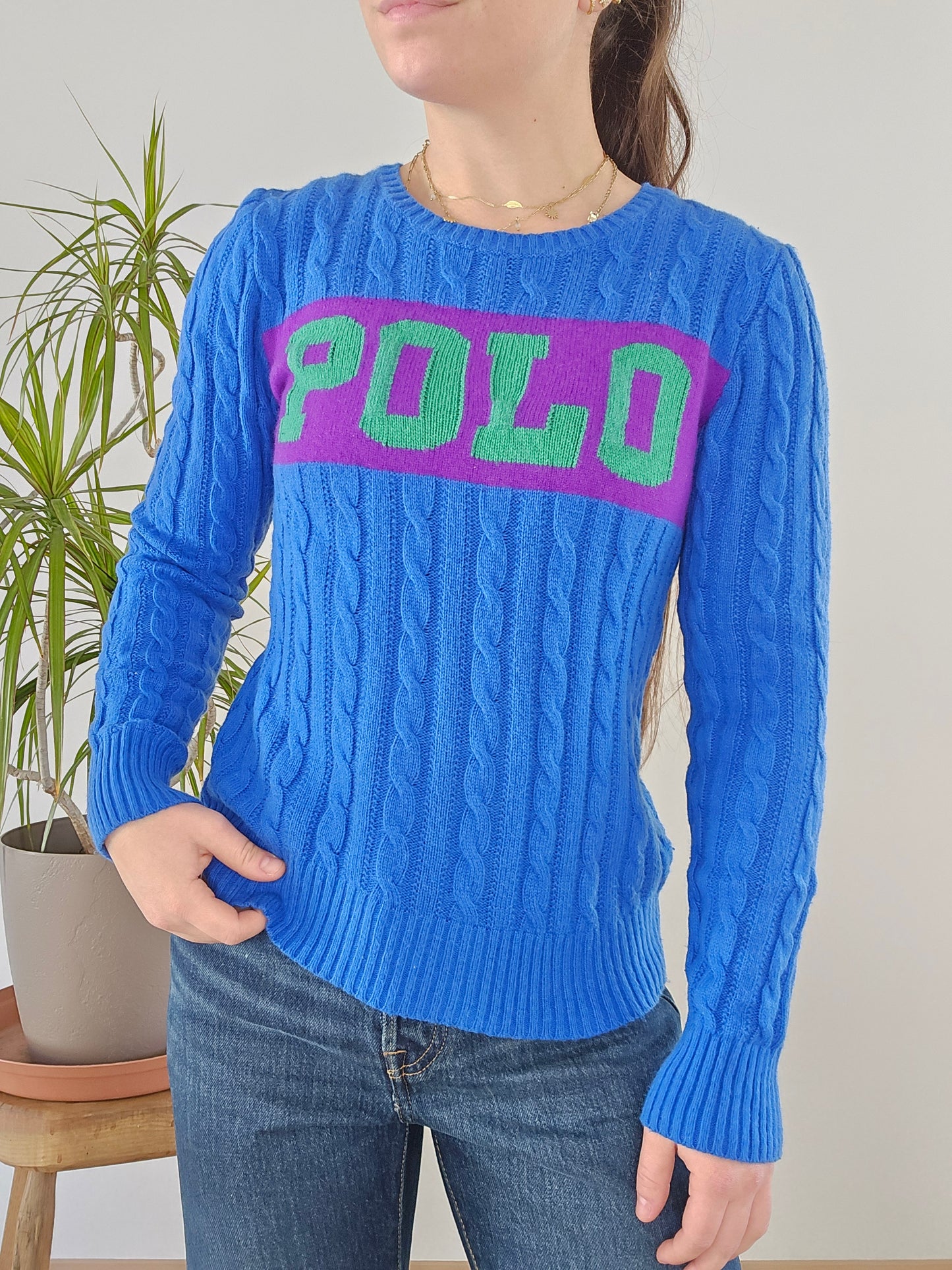 Pull en maille torsadée bleu "polo" - XS/34