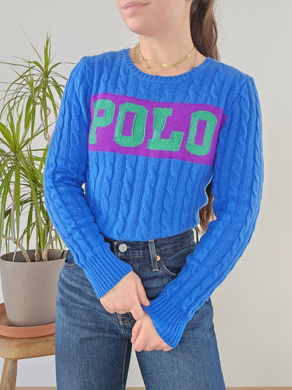Pull en maille torsadée bleu "polo" - XS/34