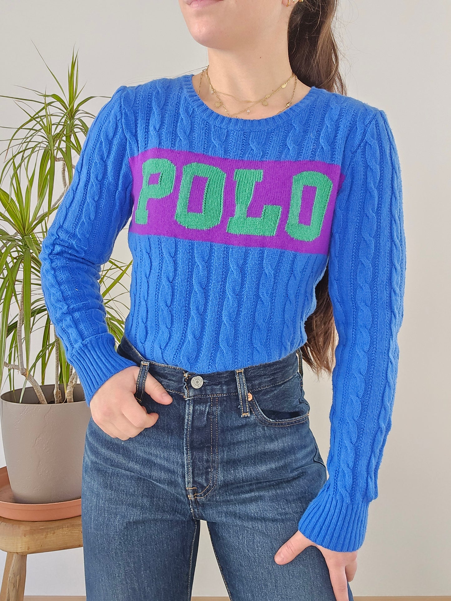 Pull en maille torsadée bleu "polo" - XS/34
