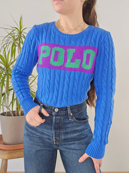 Pull en maille torsadée bleu "polo" - XS/34