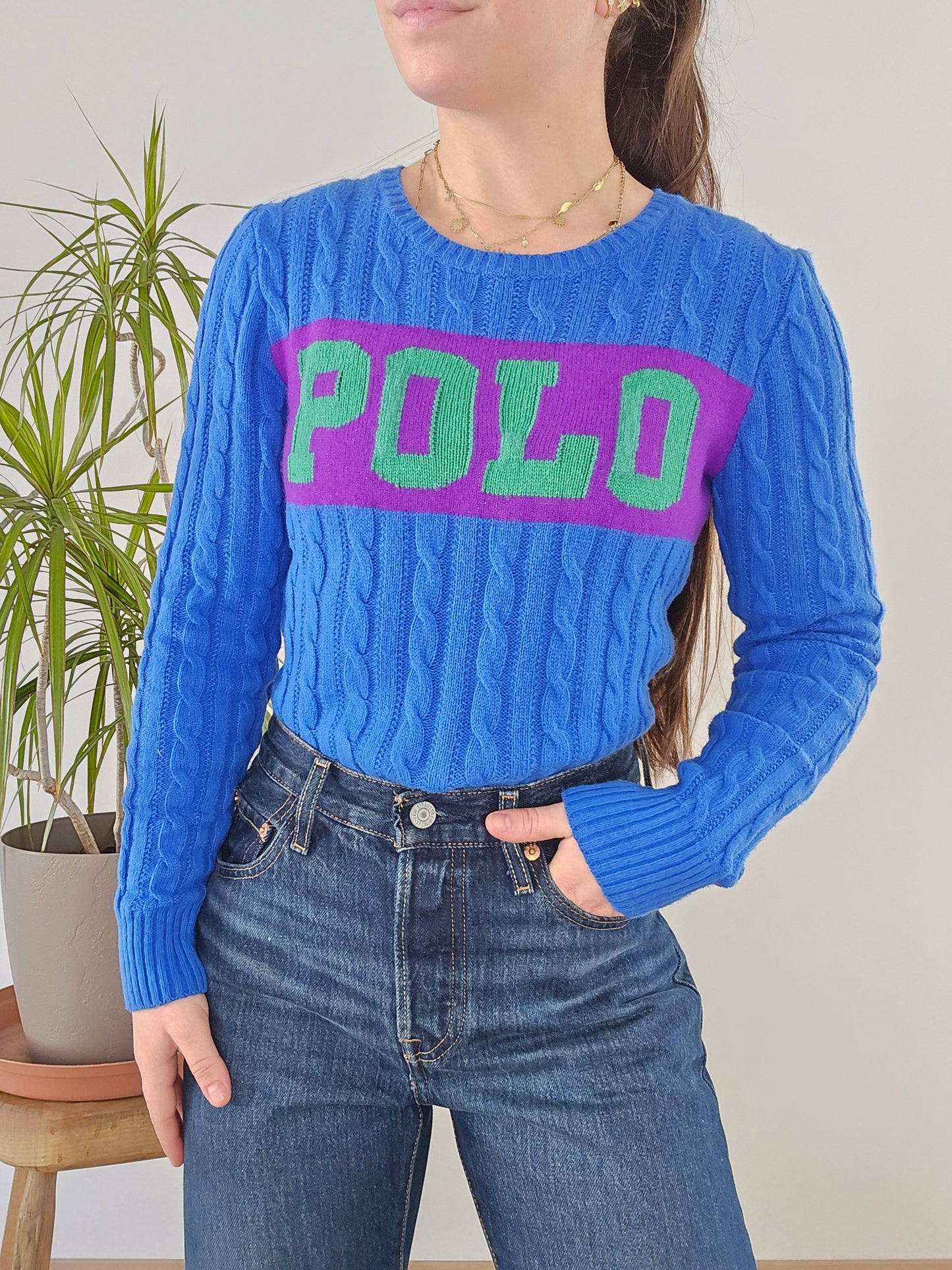 Pull en maille torsadée bleu "polo" - XS/34